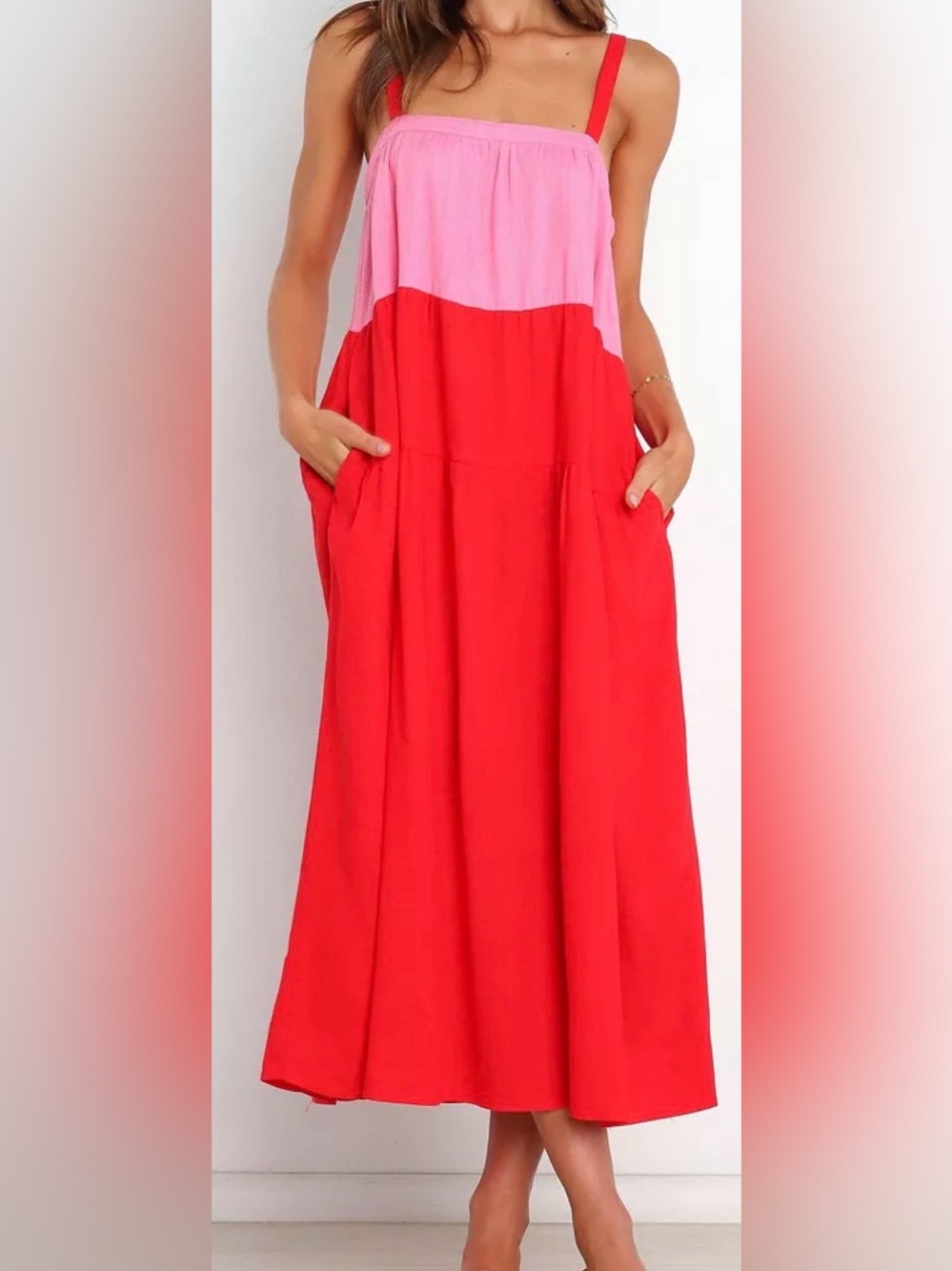 Petal & Pup linen blend maxi color block Dress Red Pink NEW cruise resort wear